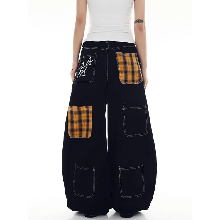 美式复古格子拼接弯刀牛仔裤男女多口袋阔腿裤工装个性休闲长裤潮