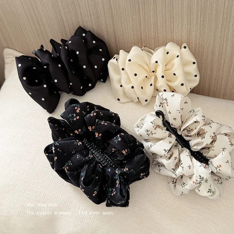 法式波点褶皱泡泡香蕉夹女高级感发卡一字夹后脑勺竖夹高马尾头饰