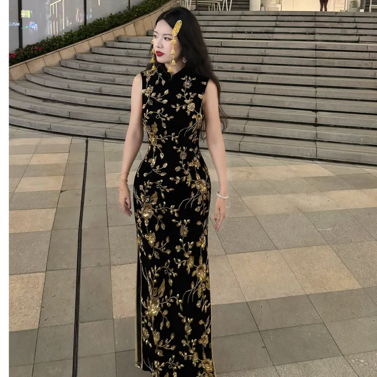 LHMknk1画报夫人原创自制显瘦重工刺绣珠旗袍鎏金漫珠无袖