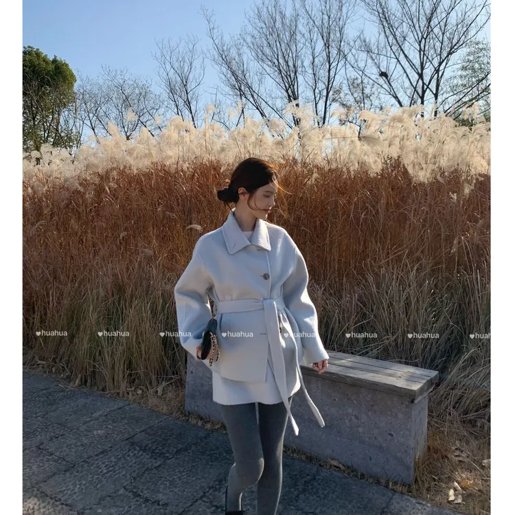 【花花】赛里木湖~韩系全羊毛双面呢休闲系带小众宽松百搭大衣短款
