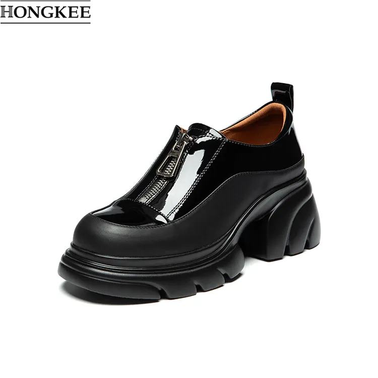 HONGKEE/红科25秋季女鞋厚底时尚前拉链深口英伦风单鞋H815D310