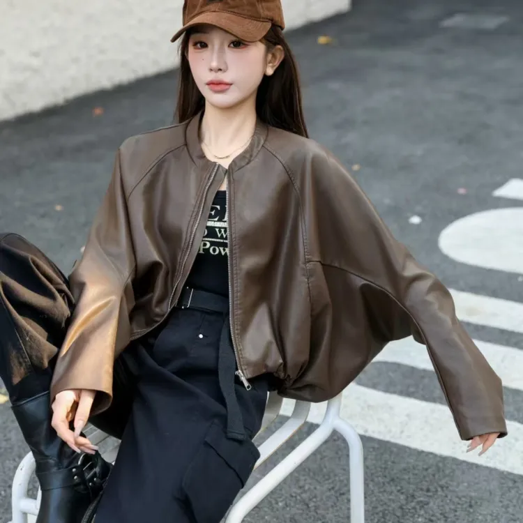 春秋冬新款韩版宽松版型蝙蝠袖软皮上衣外套女百搭潮款休闲夹克女