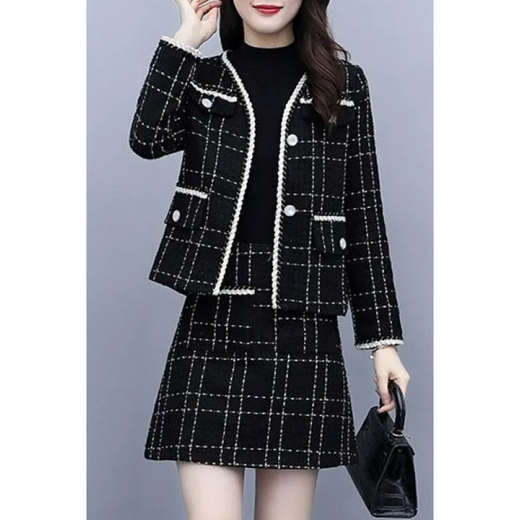 胖mm大码女装春秋减龄时髦ins风小香风套装女潮外套搭配半身裙两