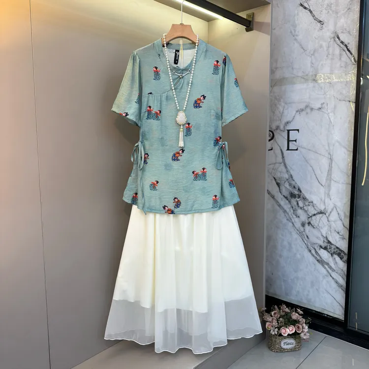 2025新中式国风复古美人扇印花腰间双侧系带+半身裙两件套88367