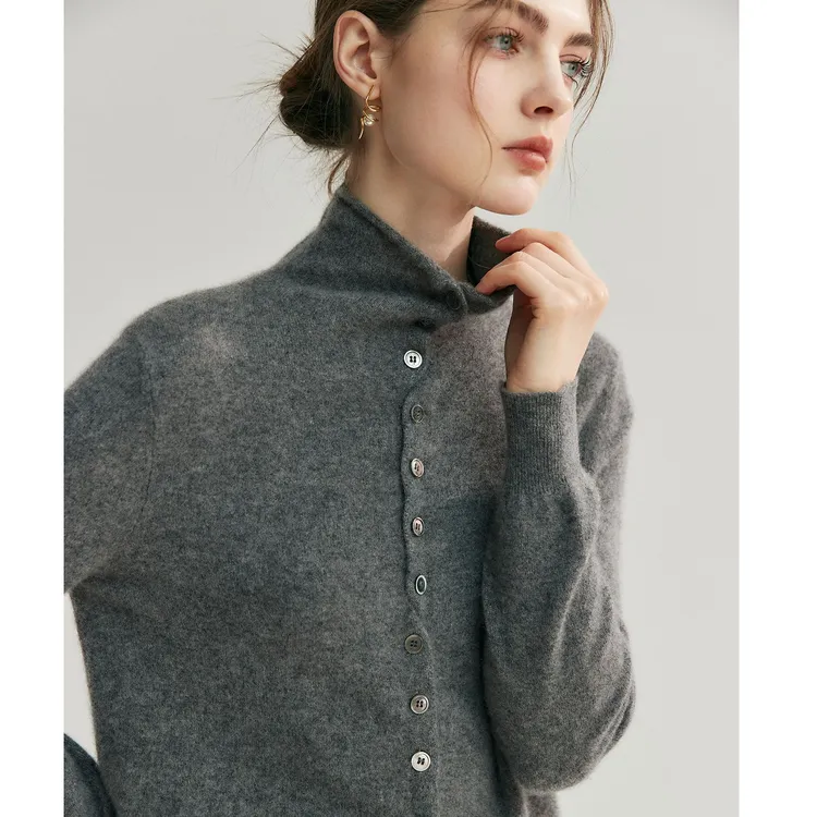 法式复古灰色卷边高领毛衣开衫女秋冬慵懒风针织外套打底内搭上衣