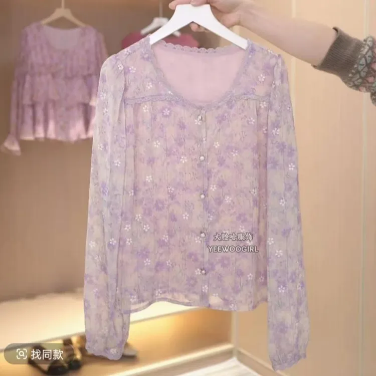 法式复古紫色碎花长袖衬衫女2025春夏独特漂亮小衫宽松遮肚上衣潮