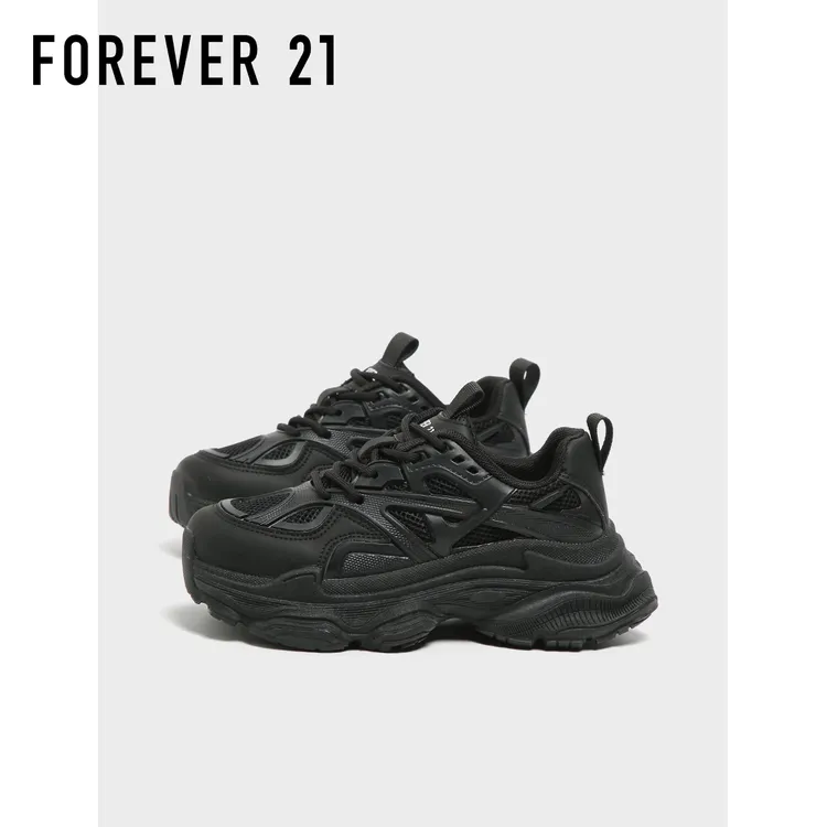 F21网面透气黑色老爹鞋女款2025新款秋季超厚底小个子增高运动鞋
