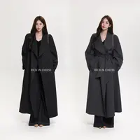 舒胡蕾 晚秋电影 小众设计翻领韩版系腰带收腰长款风衣外套