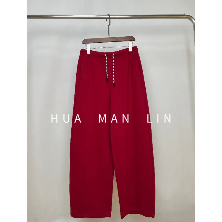 【花满林】全松紧腰抽绳红色加绒加厚休闲裤58137