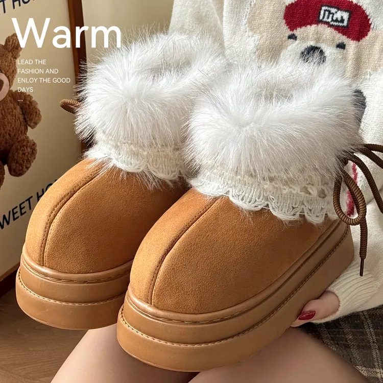 费尔岛毛毛雪地靴女冬季潮流百搭增高厚底加绒保暖短靴子棉鞋女士