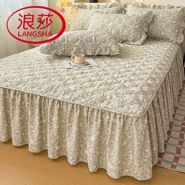 【浪莎】新款公主风皱皱纱夹棉床裙单件防滑床罩床单遮丑下摆三件套