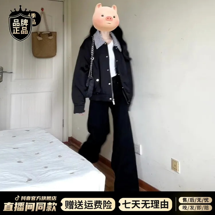 黑色翻领短款外套女2025年春季新款夹克棒球服休闲高级感上衣6813