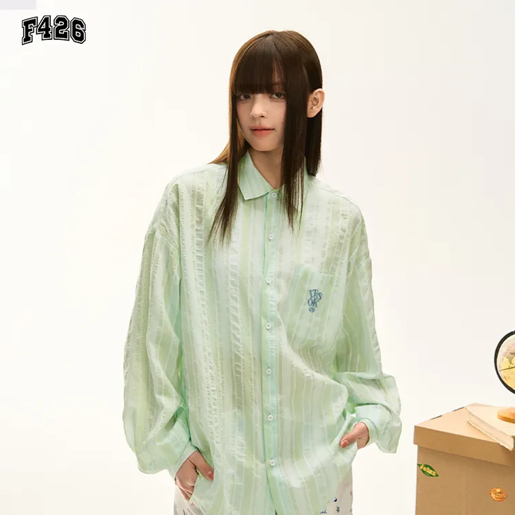 F426国潮牌春季新款美式休闲光泽感条纹肌理薄款6522衬衫XH