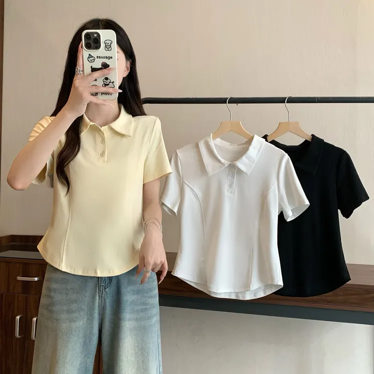 2025年夏季新款大码女装Polo领正肩短袖T恤上衣 3293