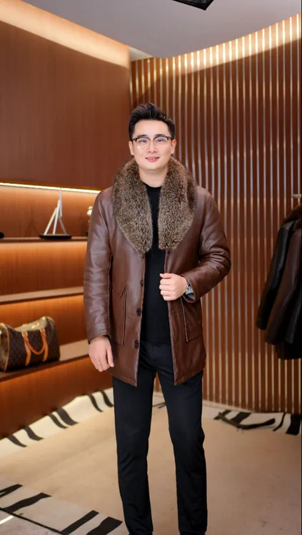 【宝佳龙】男士进口绵羊皮中长款秋冬款皮衣高档时尚休闲商务风衣款