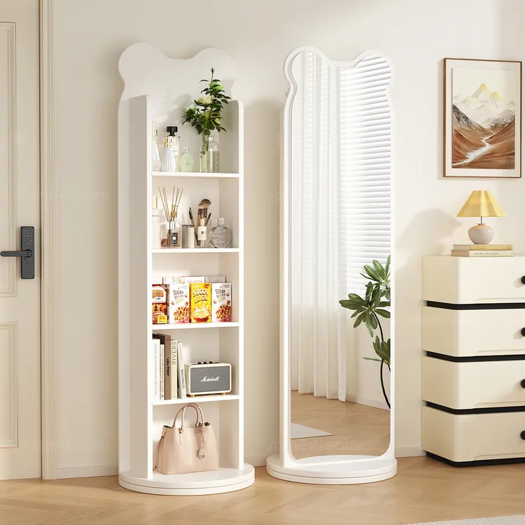 奶油风实木小熊旋转穿衣镜可移动全身落地镜家用书架储物试衣镜子