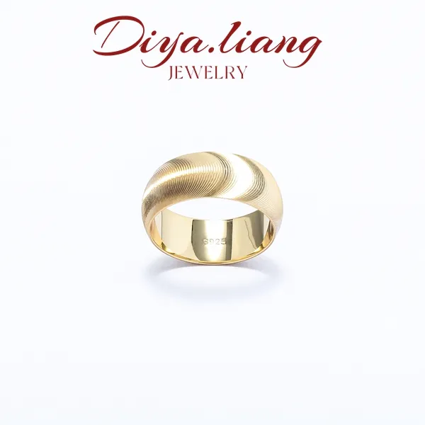 925银戒指 梁雅帝新品【镭射波纹】K金色素圈百搭时尚纯银戒指