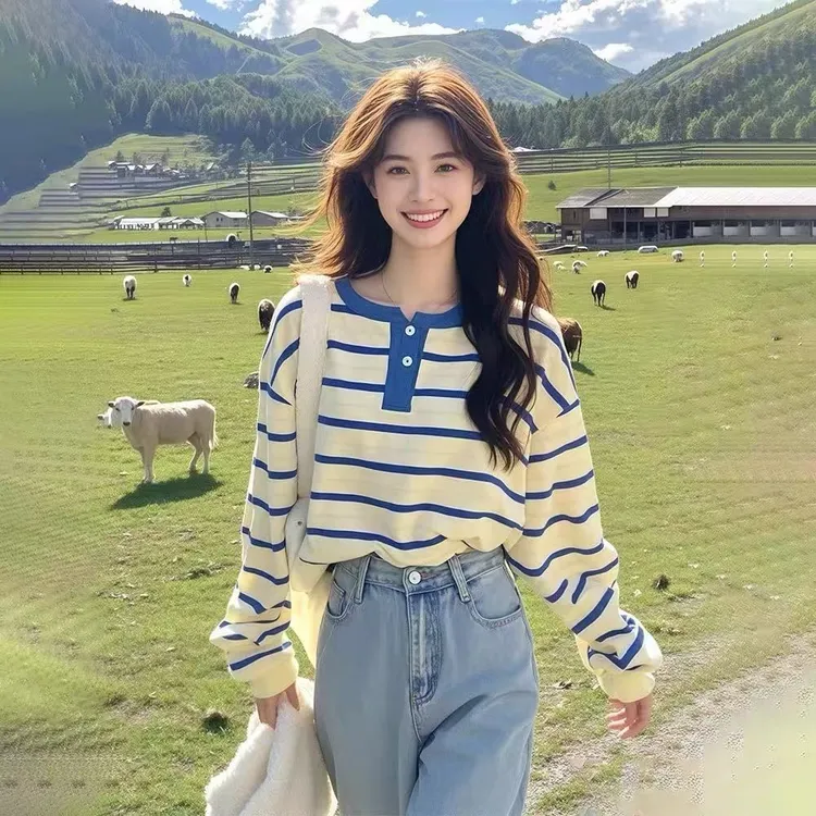 撞色条纹半开扣打底衫长袖T恤女2025新款春季洋气独特绝美小上衣