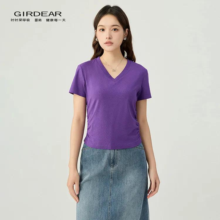 哥弟新款女装时尚简约百搭气质V领侧边收褶纯色短袖T恤女1300888
