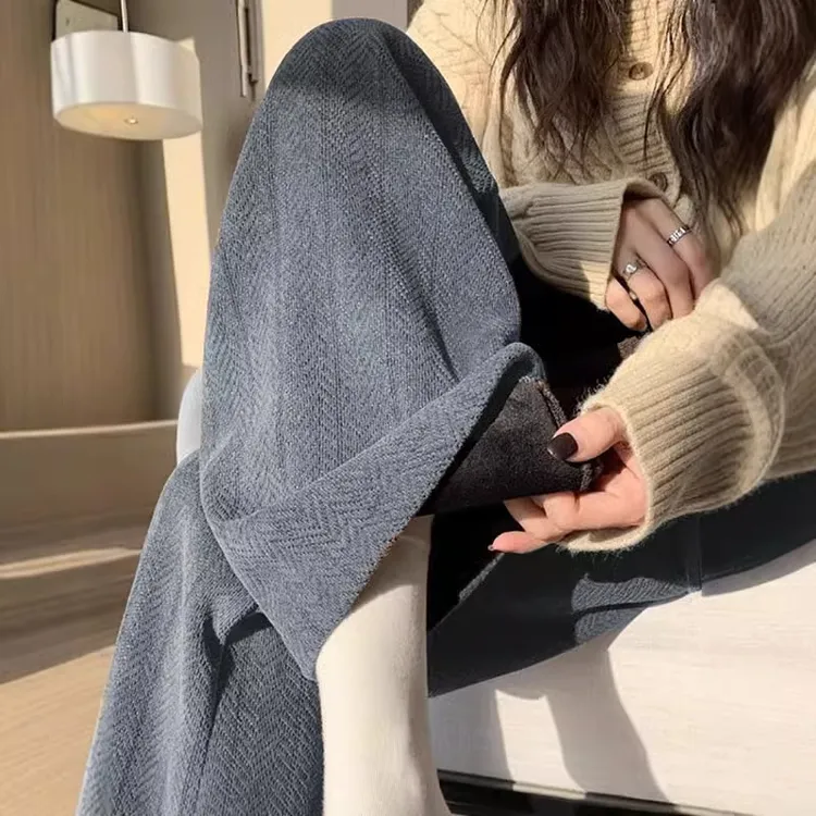 300斤大码人字纹雪尼尔阔腿裤女秋冬加绒高腰宽松垂感休闲直筒裤