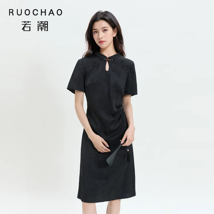 三彩大码女装2025秋季新款国风旗袍连衣裙中裙立领提花胖MM