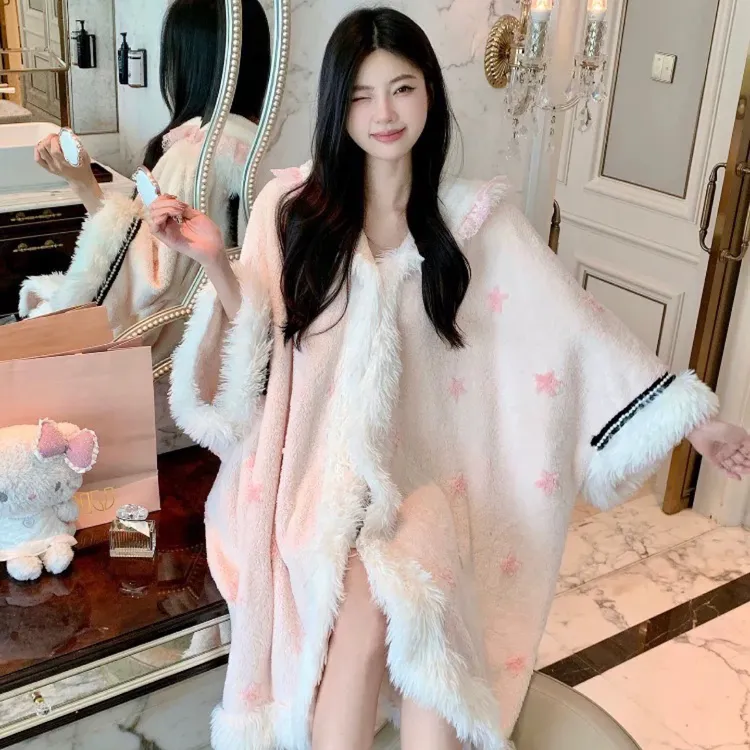 新款甜美少女粉色星星连帽珊瑚绒睡袍女秋冬季加绒加厚长款家居服