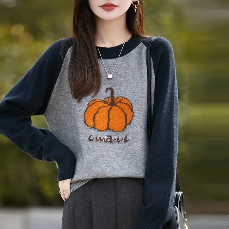 品牌针织短款长袖提花女南瓜图案毛针织衫针织衫时尚套头宽松秋冬