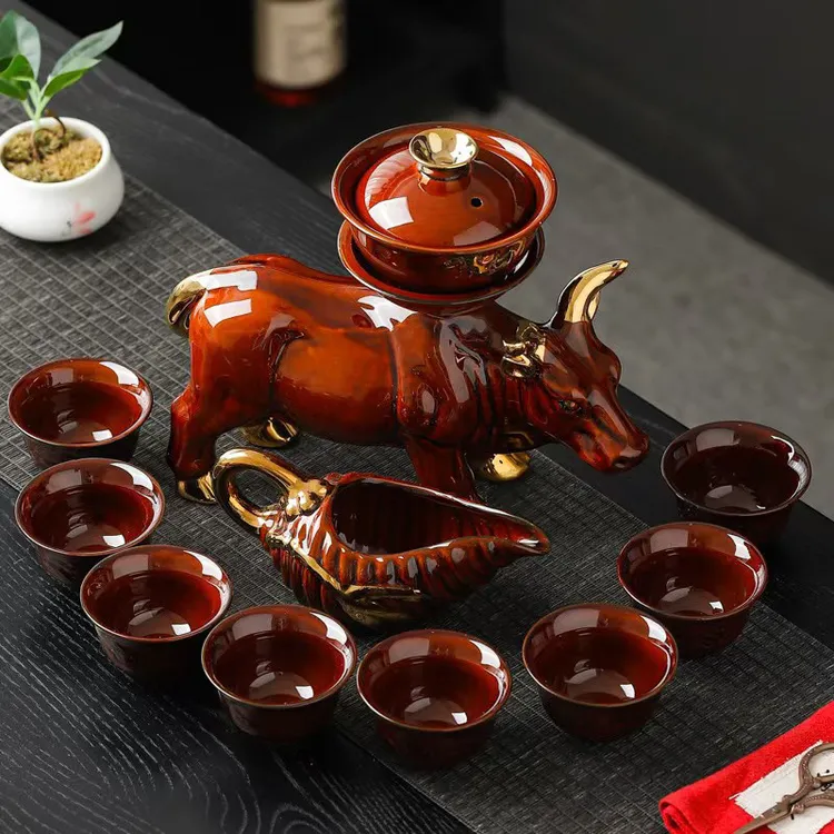 中国红牛陶瓷茶具套装中式旋转家用办公室高端茶器懒人功夫自动茶