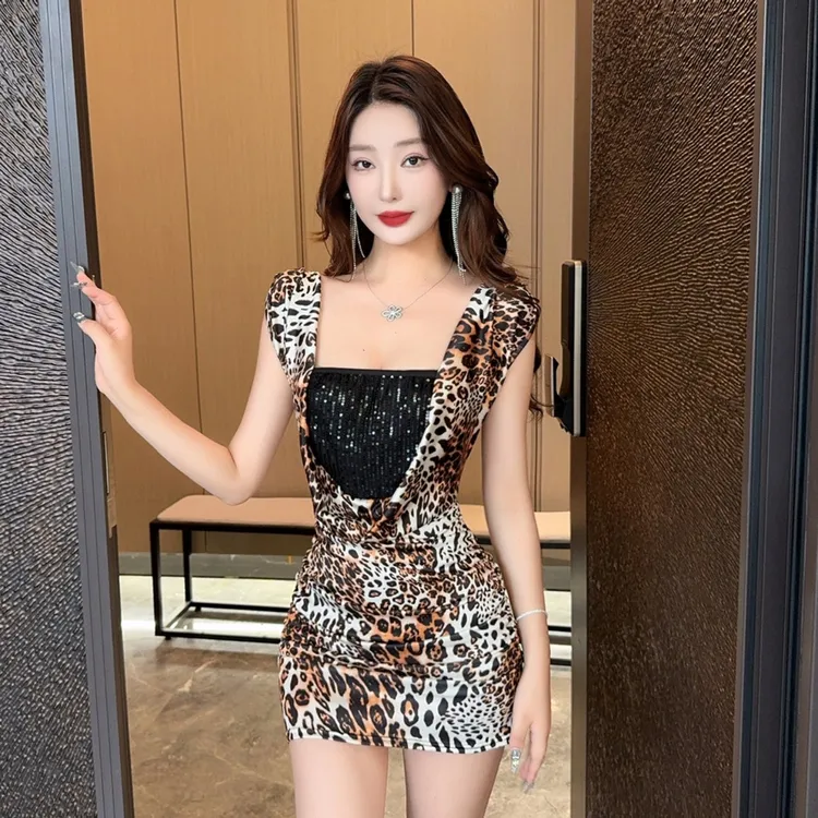 夜总店辣妹性感低胸豹纹连衣裙酒吧小心机露背紧身包臀显身材短裙