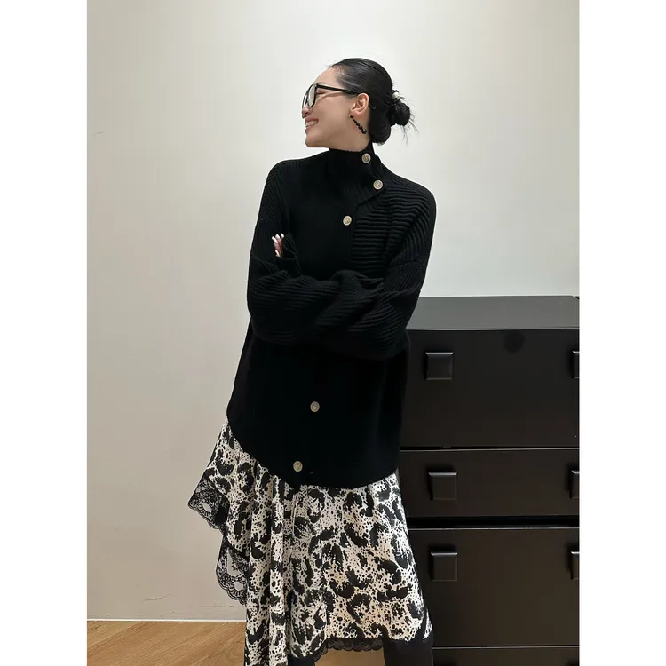 紫紫 智性通勤衫 两穿通勤风绵羊毛高领针织开襟衫ZD09SMHJ238