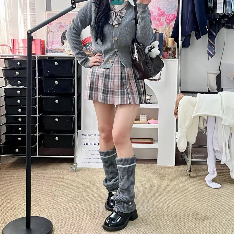 学院风灰色系针织袜套jk搭配堆堆微喇腿套修饰腿型ins