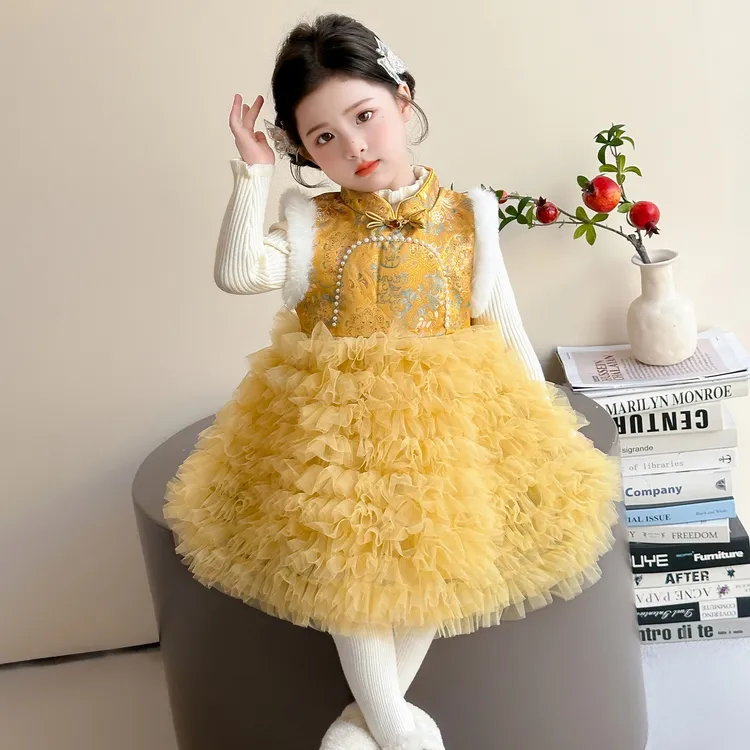 女童国风连衣裙套装秋冬季宝宝拜年服公主裙儿童加绒旗袍蓬蓬裙子