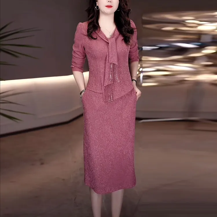 暮雅软精纺时尚减龄洋气礼服裙2025秋季新款假两件修身显瘦连衣裙