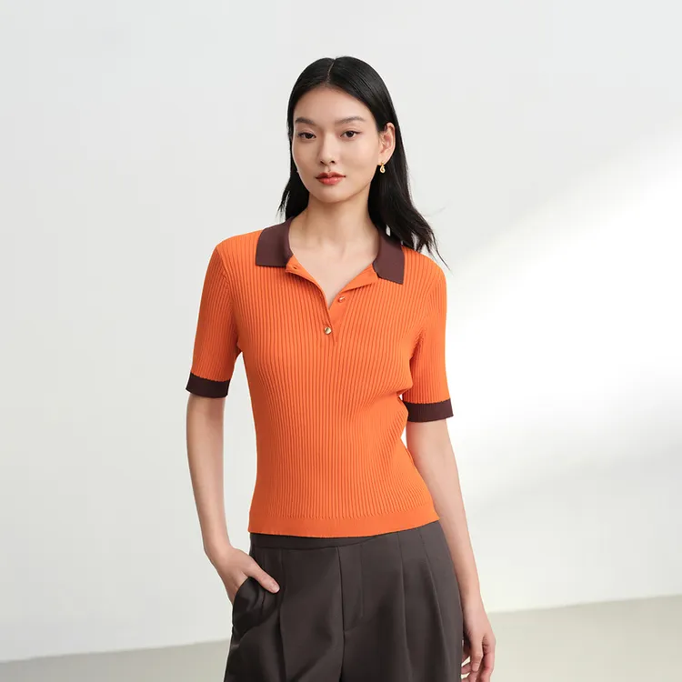 EP雅莹早秋新款女装 撞色修身polo领短袖针织衫上衣 9559A
