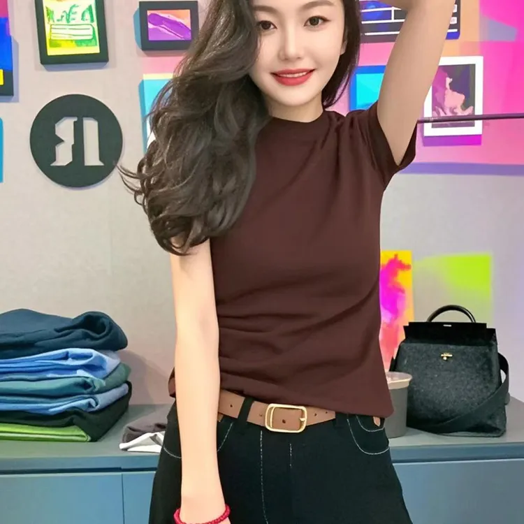 咖啡色正肩短袖t恤女2025夏季新款修身显瘦百搭圆领棉质纯色上衣
