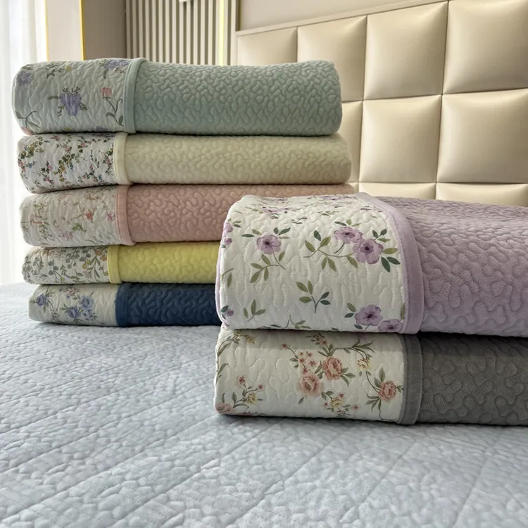 韩式素色高温水洗全棉宝宝绒绗缝夹棉单床盖