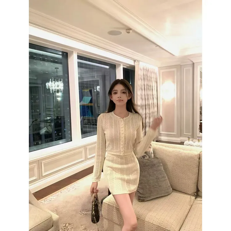 2025春季新款高级感纯欲法式显瘦长袖气质上衣女配包臀半身裙套装