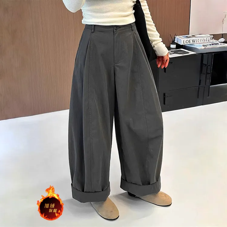 韩版高腰显瘦休闲弯刀直筒裤女加绒冬季新款休闲百搭阔腿卷边长裤