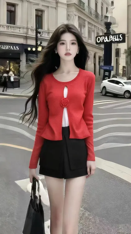 早秋时尚氛围感穿搭红色圆领长袖设计感针织上衣+黑色小众短裤女