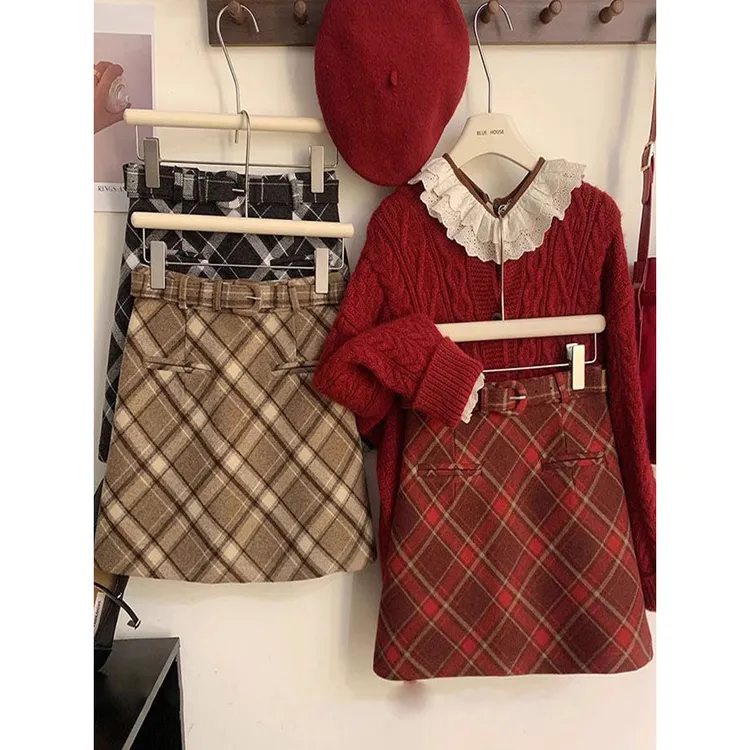 复古红色格纹毛呢半身裙女小个子格子短裙秋冬高腰加厚圣诞a字裙