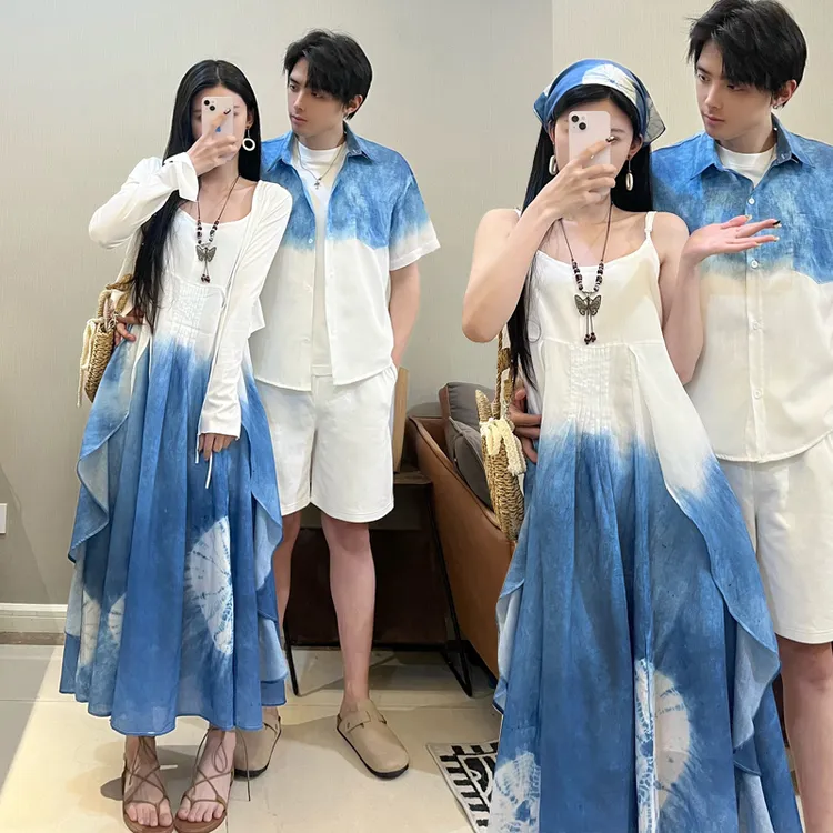 情侣装扎染吊带连衣裙女夏季渐变色沙滩度假风气质长裙子男士衬衫