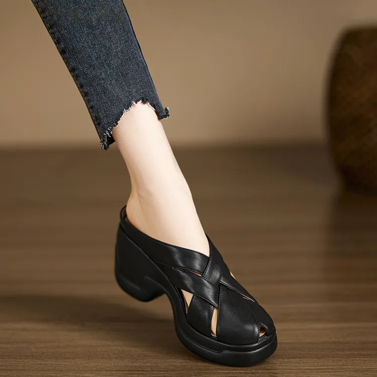 小个子手工女鞋10cm~不累脚厚底坡跟编织包头半托鞋女外穿凉拖鞋