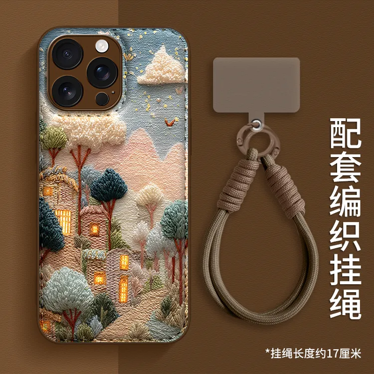 毛绒小镇浮雕羊皮立体壳适用苹果17华为oppo小米vivo手机带挂绳款