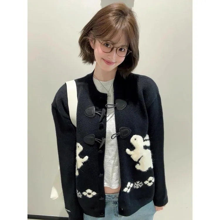 韩系慵懒风可爱兔子提花针织开衫女秋冬2025新款宽松百搭毛衣外套