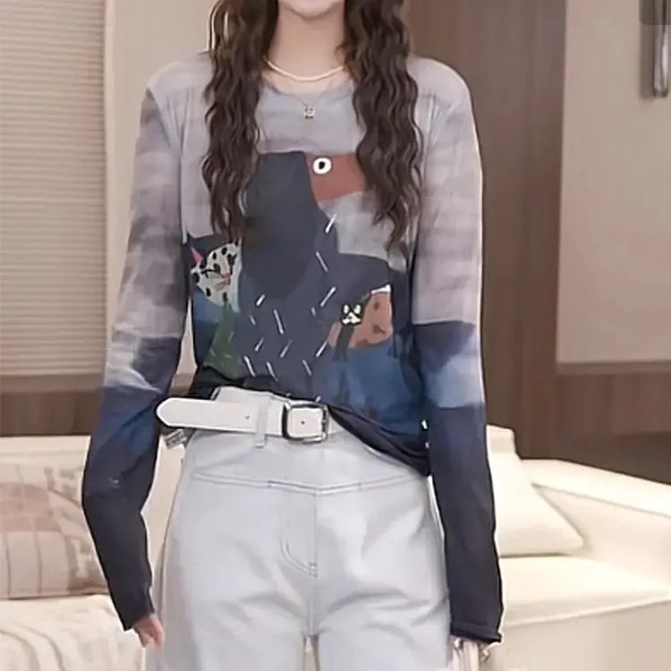 2025秋季新款图案印花网纱打底衫女时尚洋气百搭长袖圆领套头上衣