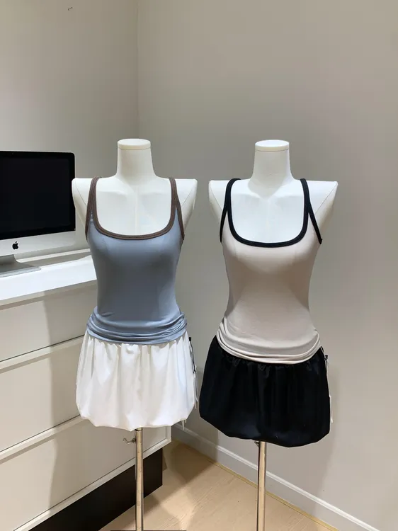 蓝色/米色背心方领撞色包边吊带2025夏季新款女