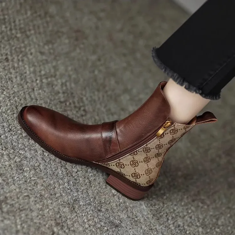 头层真皮断码清仓时尚百搭拼色低跟马丁靴女复古单靴短筒靴子加绒