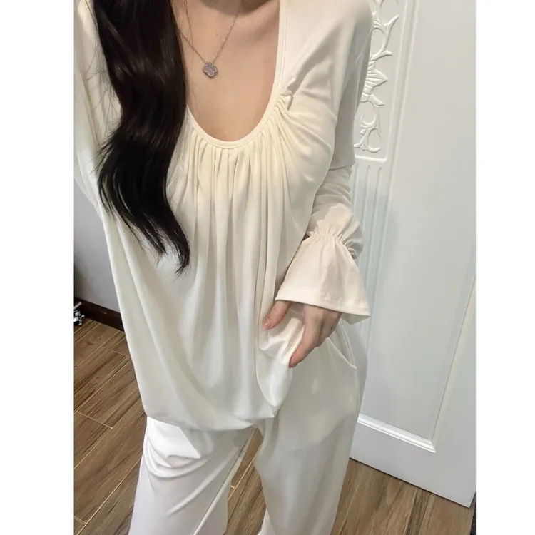 纯欲风皱褶莫代尔带胸垫睡衣女春秋季新款休闲大码居家服套装外穿
