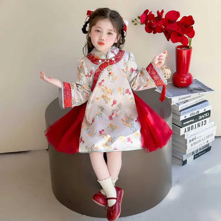 汉服女童旗袍裙子国风儿童长袖唐装女孩古风连衣裙宝宝中式表演服