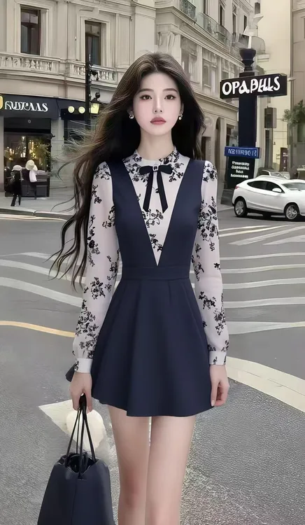 休闲轻职风撞色碎花圆领长袖修身收腰设计感洋气百搭显瘦连衣裙